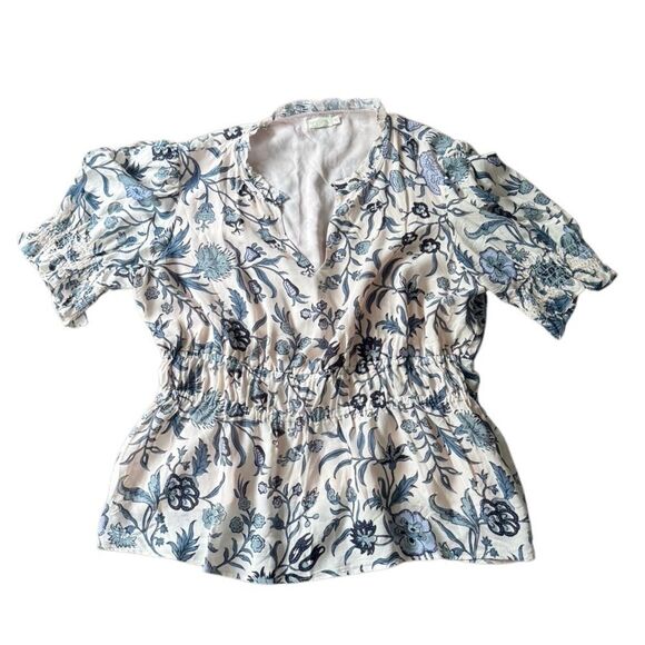 Spartina 449 Isadora Blouse Hamilton Floral Block Cream Blue XL - Picture 2 of 7